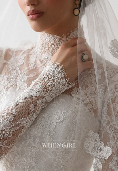 High Neck Long Sleeve Lace Column Wedding Dress