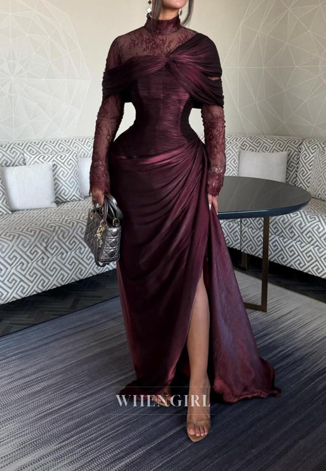 Draped Maxi Gown with Lace Underlay and High Slit