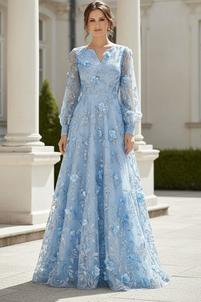 A-Line Floral Sequin Gown with Bishop Sleeves