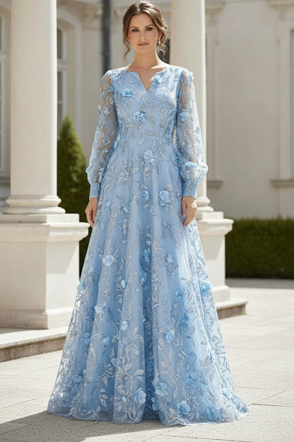 A-Line Floral Sequin Gown with Bishop Sleeves