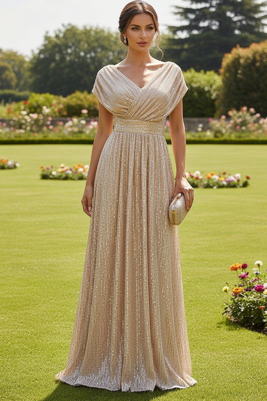 V-Neck Pleated Sequin A-Line Evening Gown