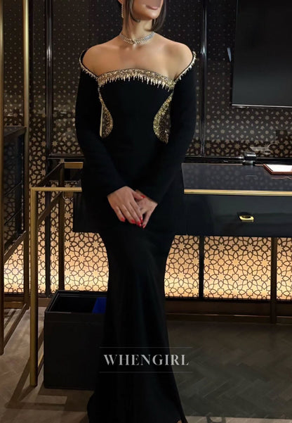 Off-the-Shoulder Long Sleeve Embellished Gown