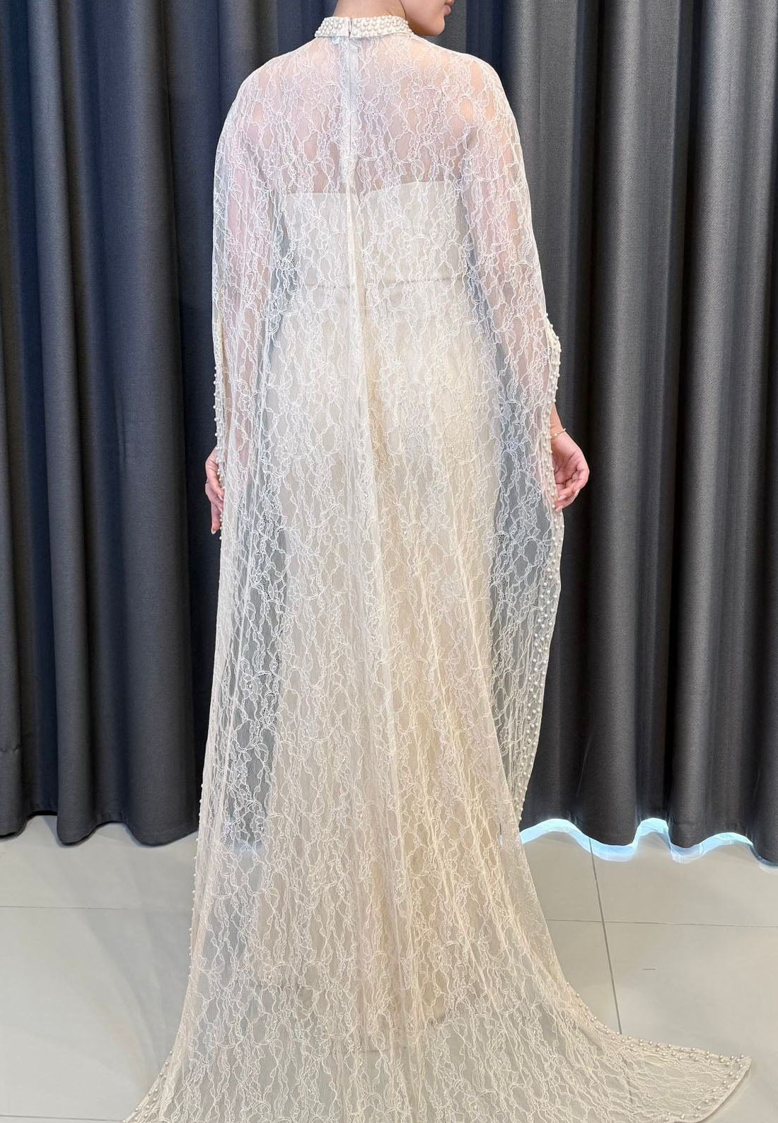 Lace Column Gown with Beaded High Neck Cape