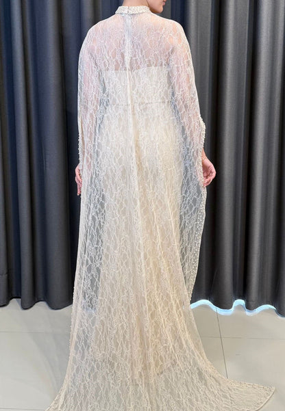 Lace Column Gown with Beaded High Neck Cape