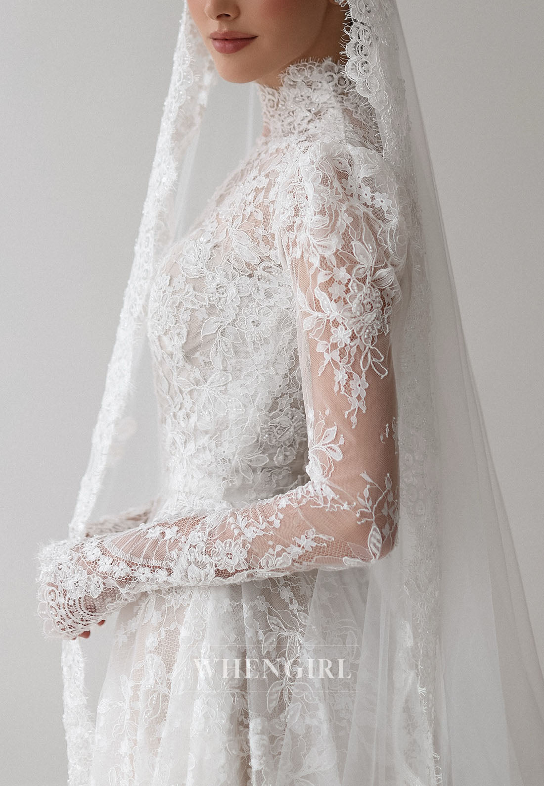 High Neck Lace Wedding Dress with Long Sleeves