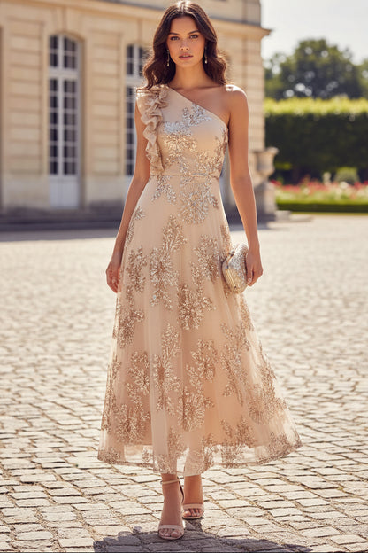 One Shoulder Sequin Floral Ruffle Tea-Length Dress