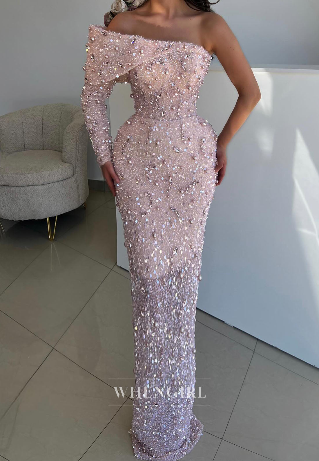 One-Shoulder Pearl Beaded Evening Gown with Long Sleeve