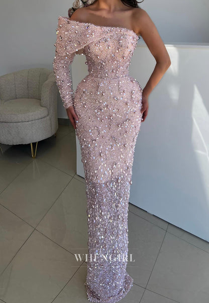 One-Shoulder Pearl Beaded Evening Gown with Long Sleeve