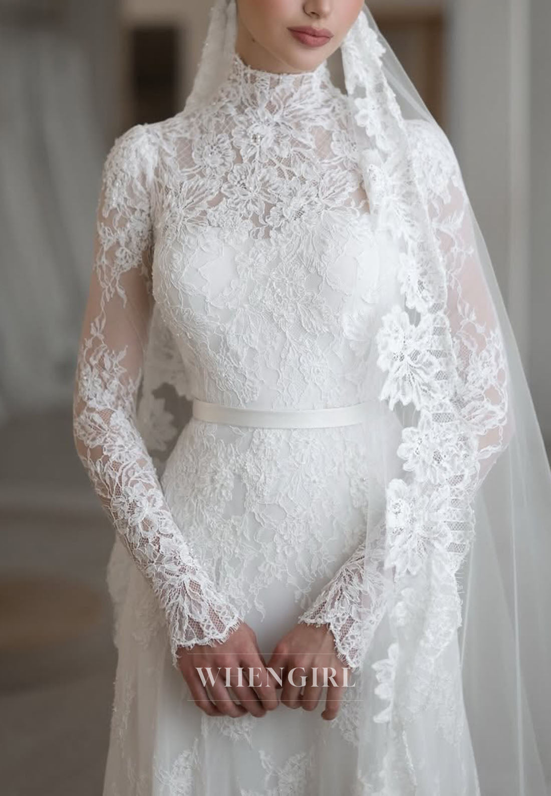 High Neck Lace Long Sleeve Wedding Dress
