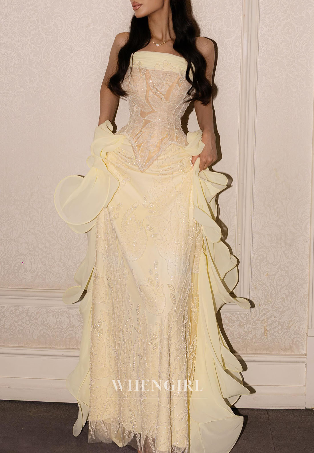 Strapless Lace Corset Gown with Organza Ruffles