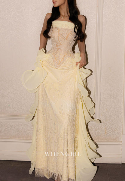 Strapless Lace Corset Gown with Organza Ruffles
