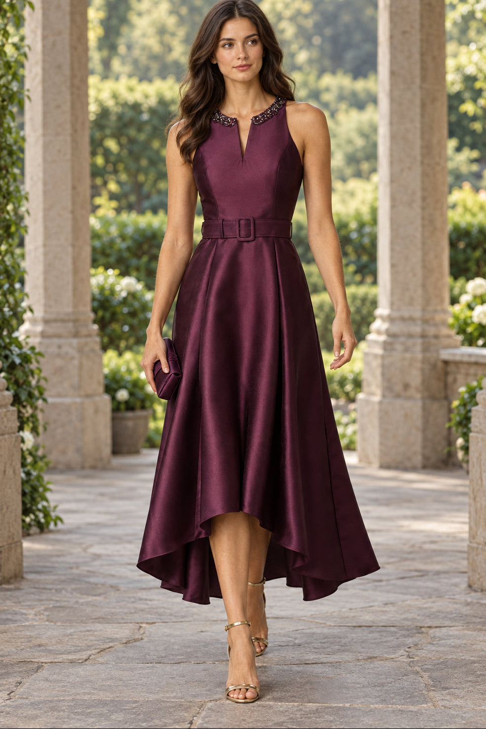 Embellished Neckline High-Low Satin Dress with Belt