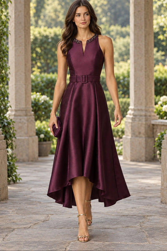 Embellished Neckline High-Low Satin Dress with Belt