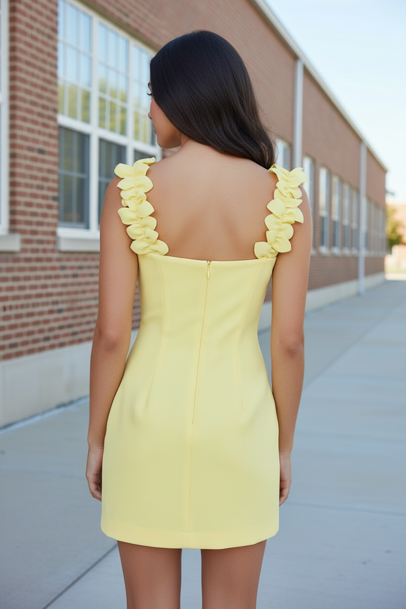 3D Floral Applique Square Neck Mini Dress