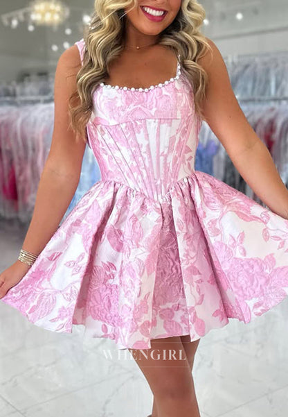 Floral Jacquard Corset Mini Dress with Pearl Trim
