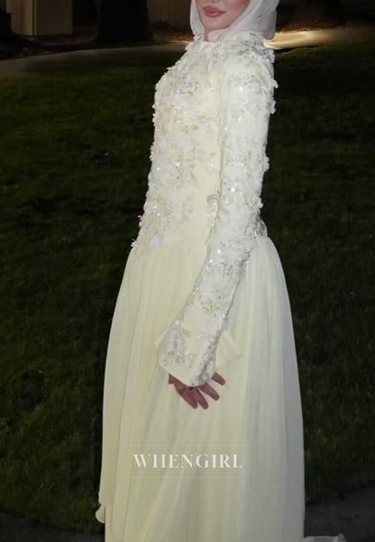 High Neck 3D Floral Applique Long Sleeve Gown