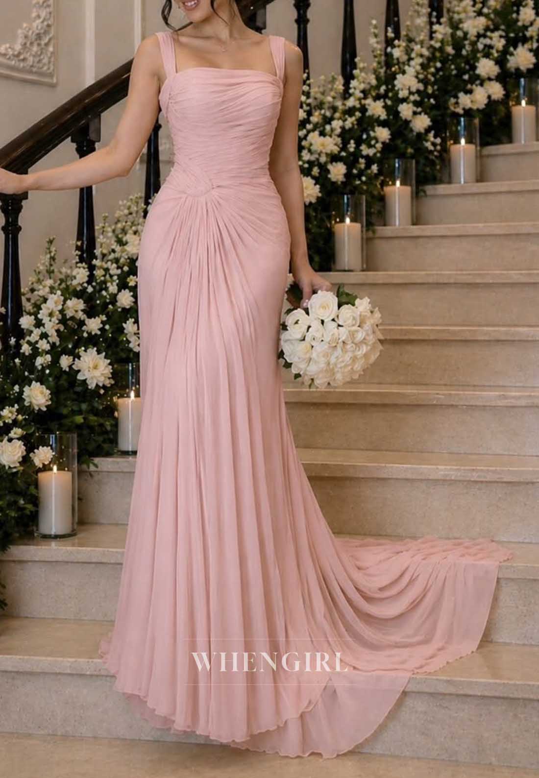 Elegant Square Neck Pleated Chiffon Gown