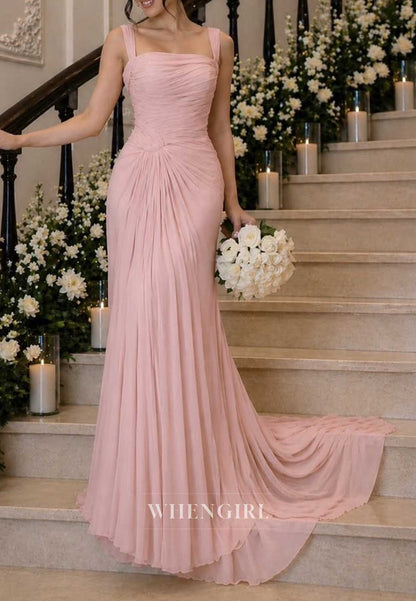 Elegant Square Neck Pleated Chiffon Gown