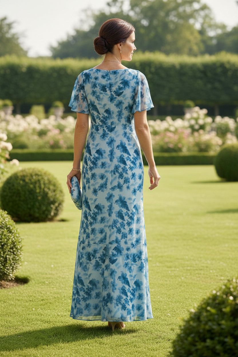 Cowl Neck Flutter Sleeve Floral Maxi Dress