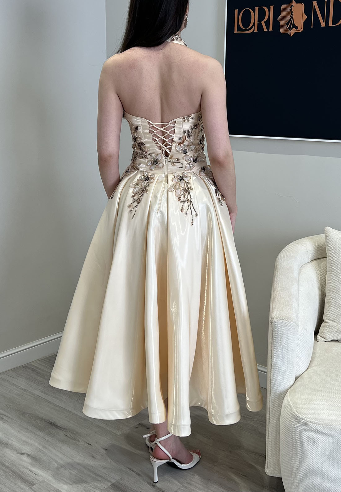 Embroidered Beaded Halter Tea-Length Dress