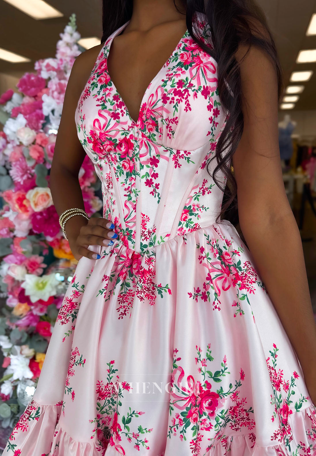 Floral Print Corset Mini Dress with Ruffled Hem