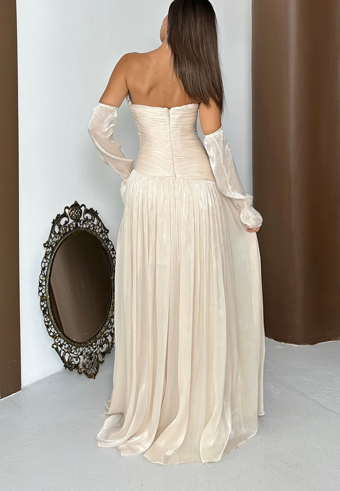 Ruched Strapless Maxi Gown with Sleeves