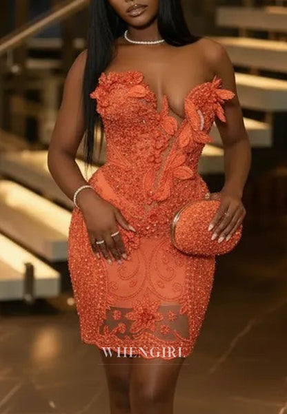 Strapless Corset Mini Dress with 3D Leaf Appliques