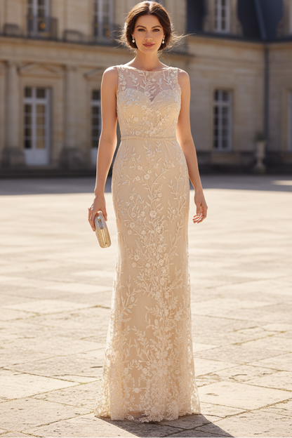 Illusion Neck Floral Lace Column Gown with Shawl