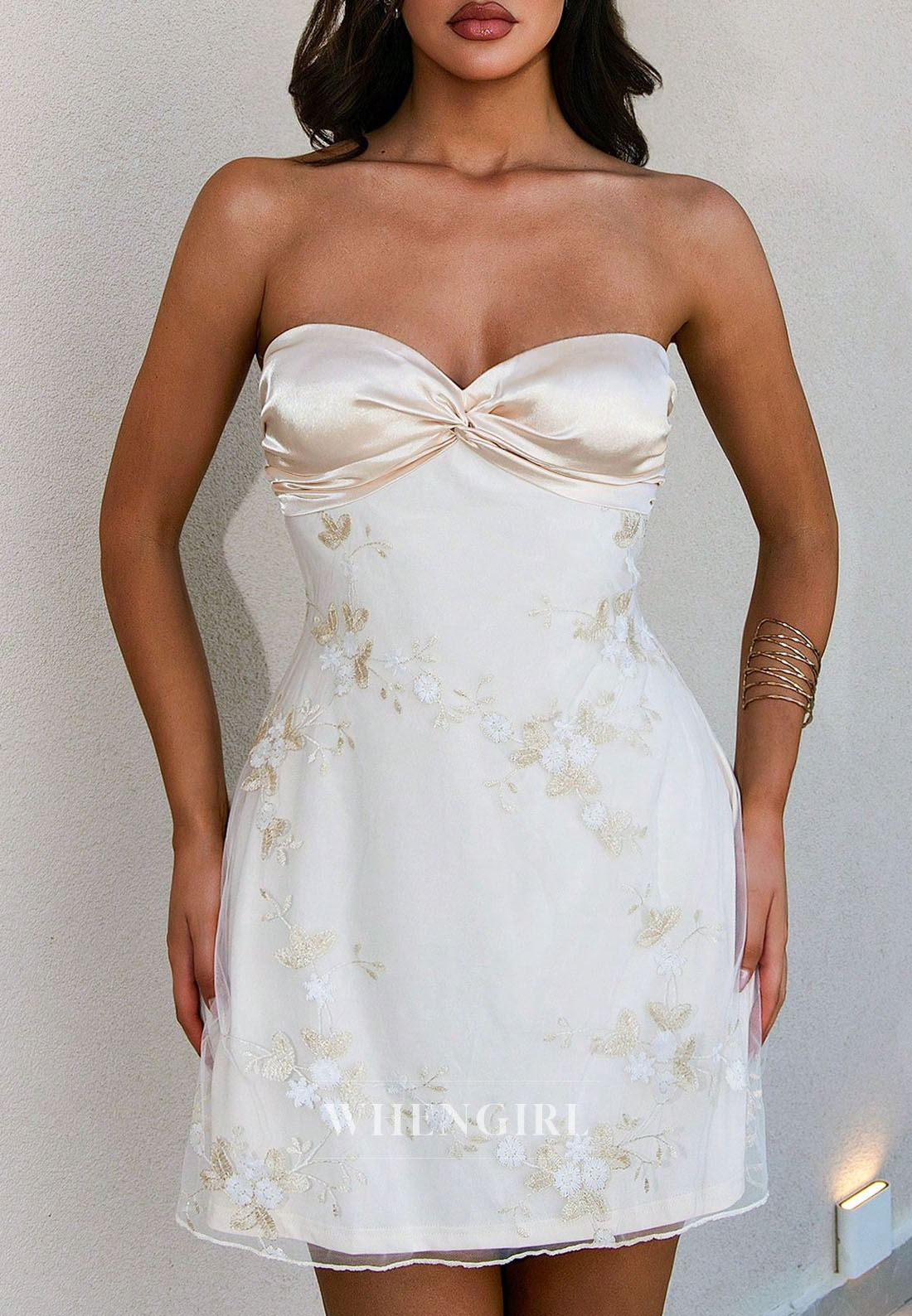 Strapless Embroidered Tulle Mini Dress with Satin Bow