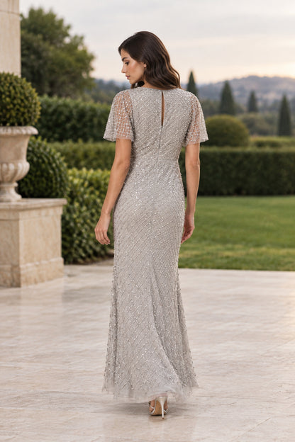 Beaded Cowl Neck Gown with Flutter Sleeves