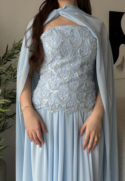 Embellished Bodice Cape Evening Gown