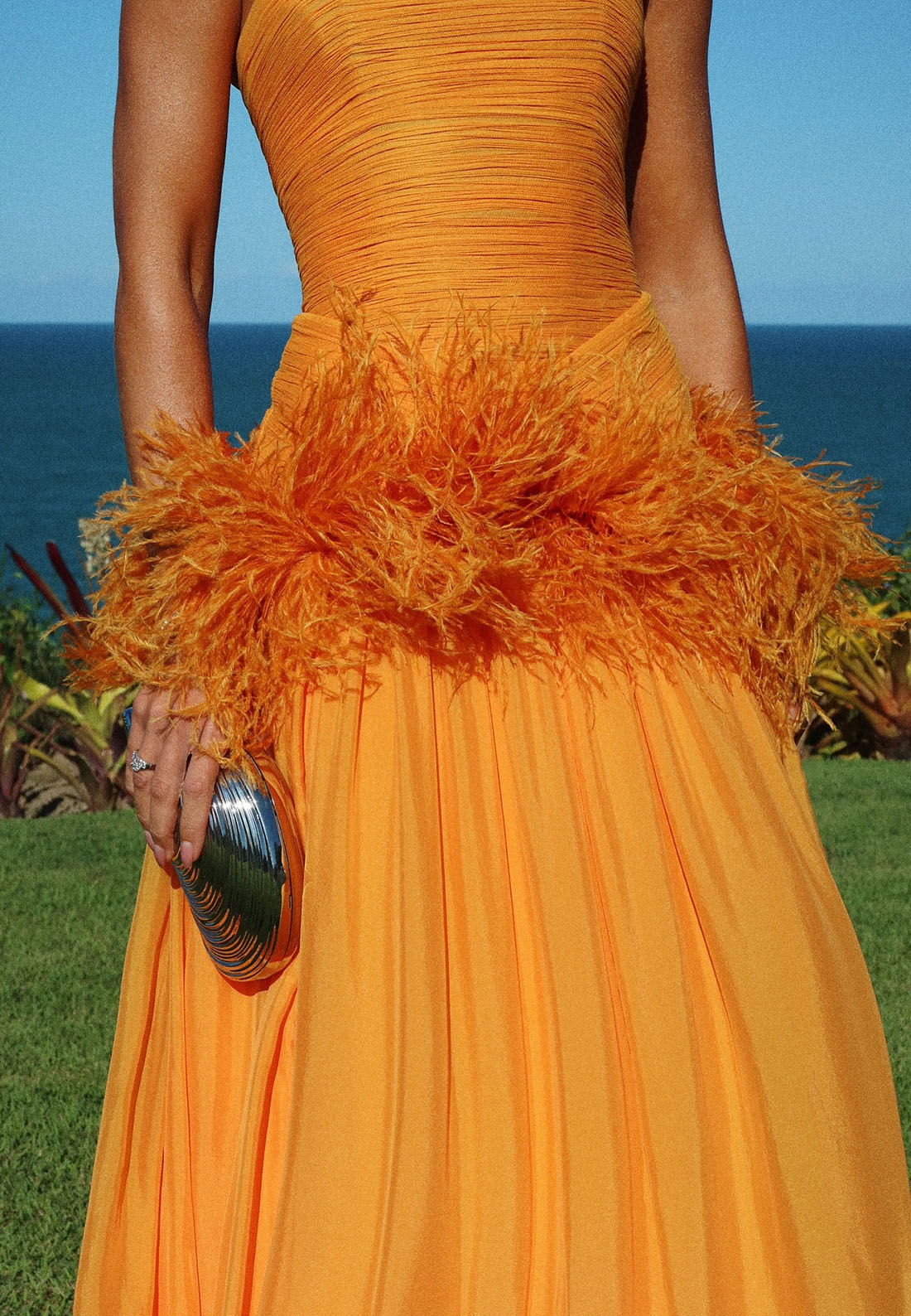 Strapless Ruched Gown with Feather Trim
