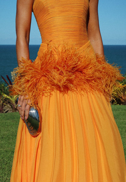 Strapless Ruched Gown with Feather Trim