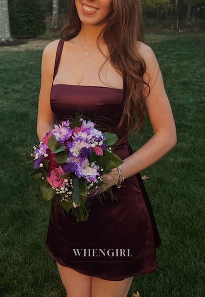 Satin Square-Neck Mini Dress with Spaghetti Straps