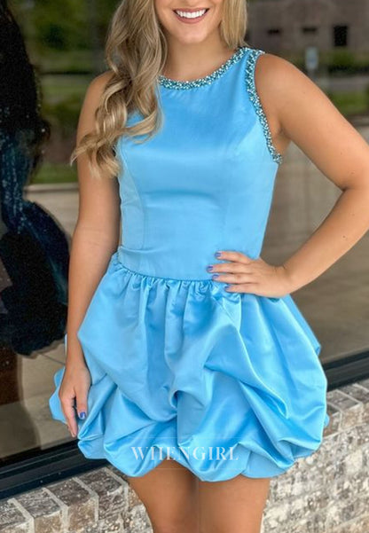 Satin Bubble Skirt Homecoming Dress with Beaded Trim