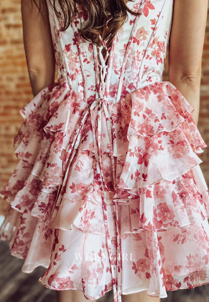 Floral Print Strapless Corset Tiered Mini Dress