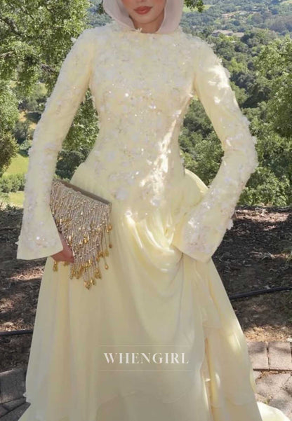 High Neck 3D Floral Applique Long Sleeve Gown