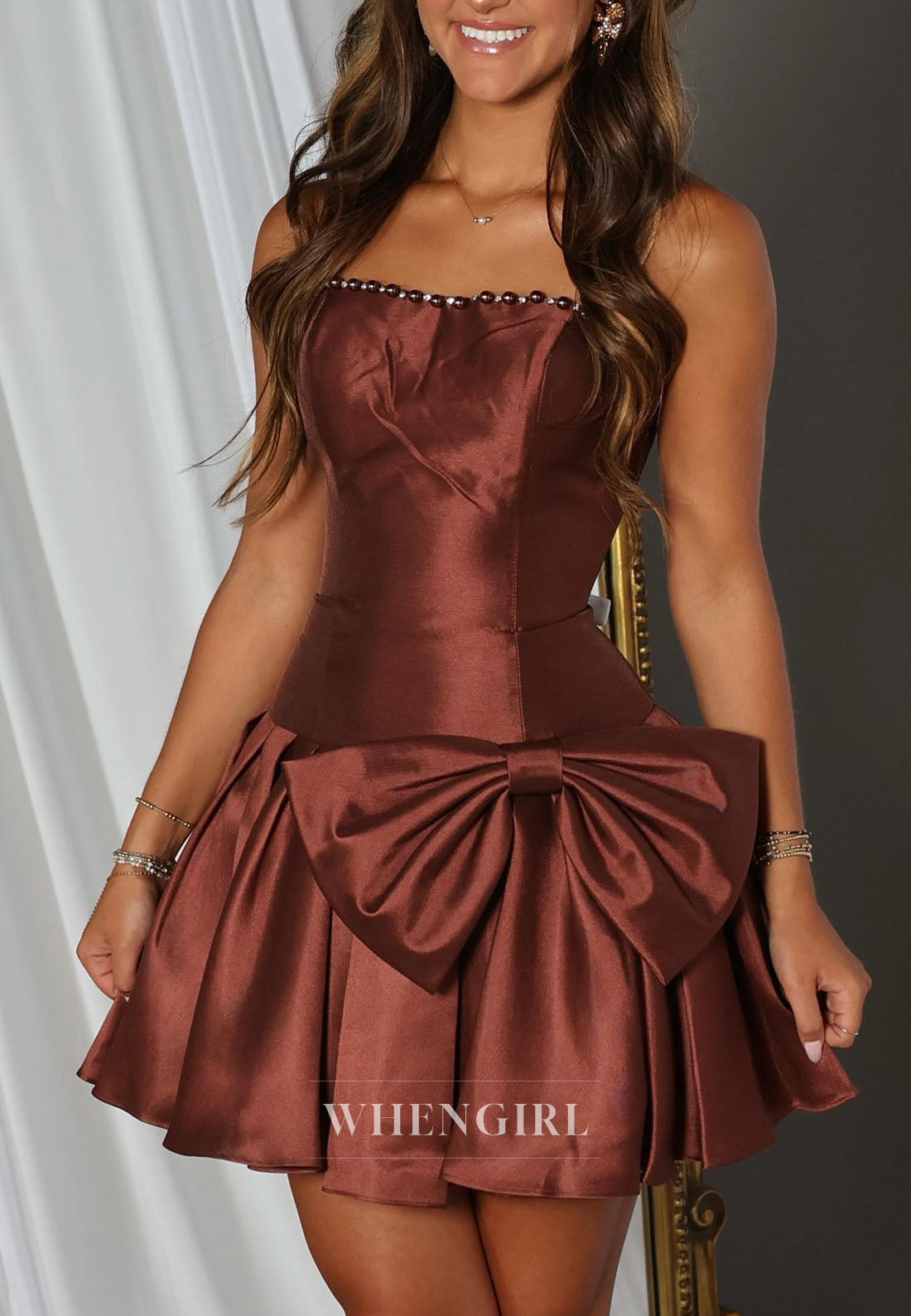 Strapless Satin Pleated Mini Dress with Bow