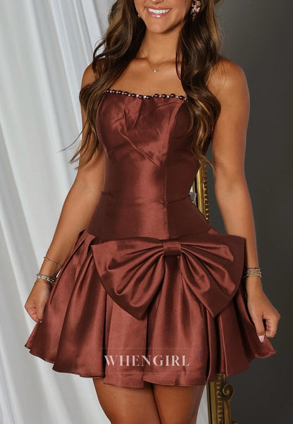 Strapless Satin Pleated Mini Dress with Bow