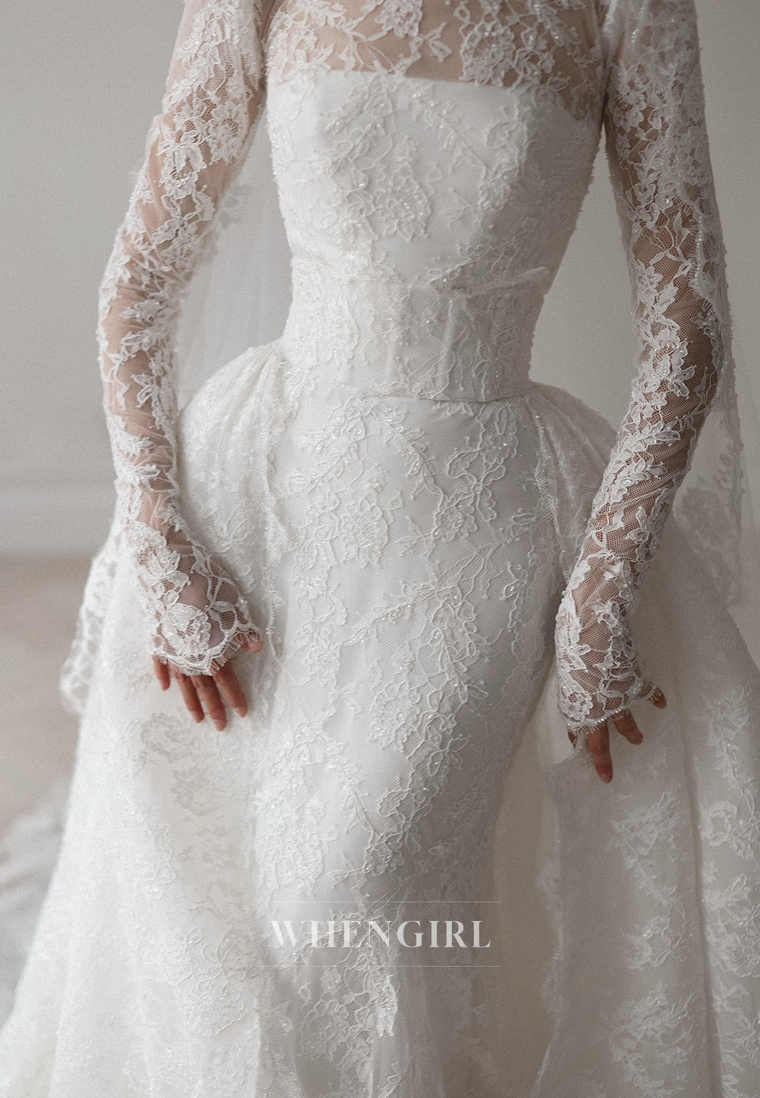 High Neck Lace Wedding Dress with Overskirt