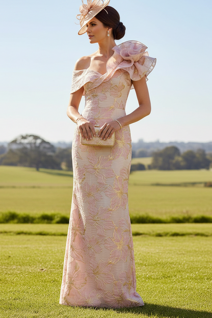 Ruffled One-Shoulder Floral Jacquard Gown