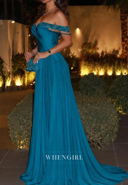 Off-the-Shoulder Beaded Pleated Evening Gown