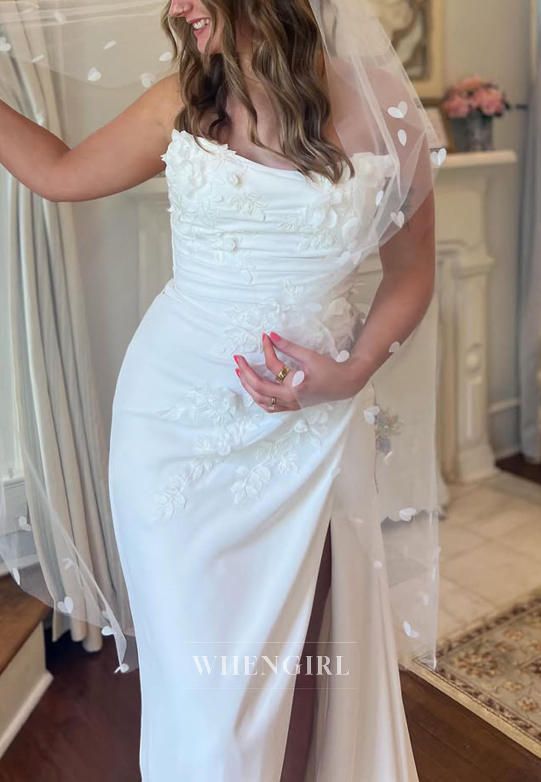 Strapless 3D Floral Ruched Wedding Dress with Slit