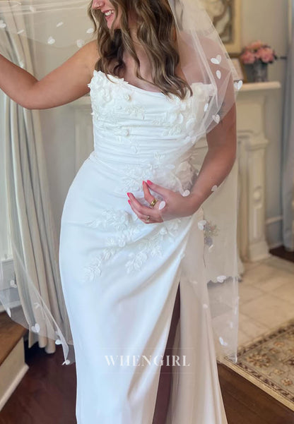 Strapless 3D Floral Ruched Wedding Dress with Slit