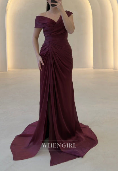 Off-the-Shoulder Ruched Evening Gown with High Slit