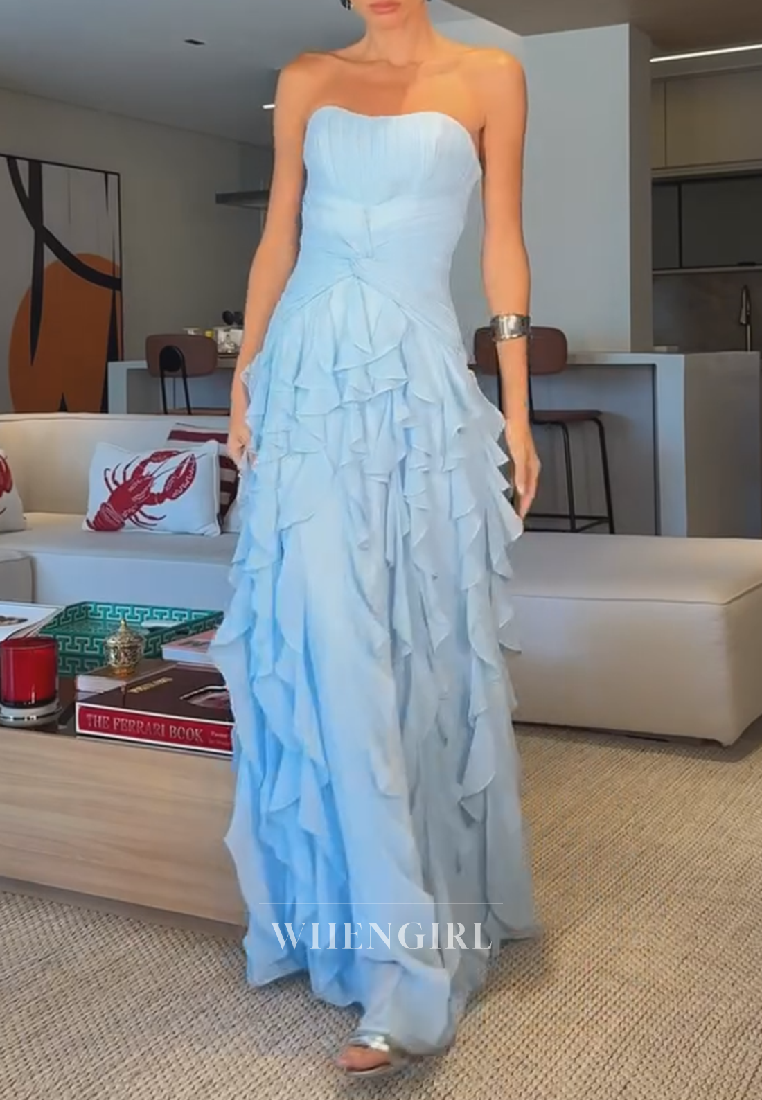 Strapless Cascading Ruffle Tiered Gown