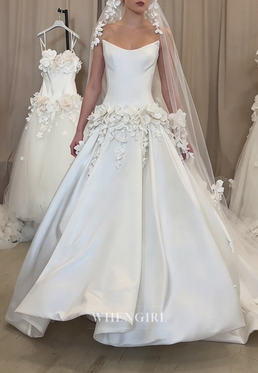 Floral Applique Satin Ball Gown Wedding Dress