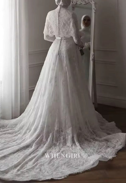 High Neck Lace A-Line Wedding Dress with Train