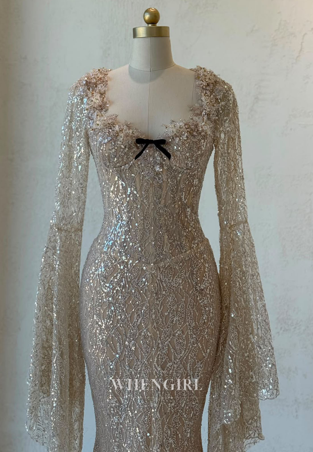 Sequined Mermaid Gown with Bell Sleeves