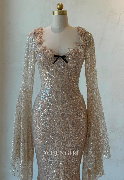 Sequined Mermaid Gown with Bell Sleeves